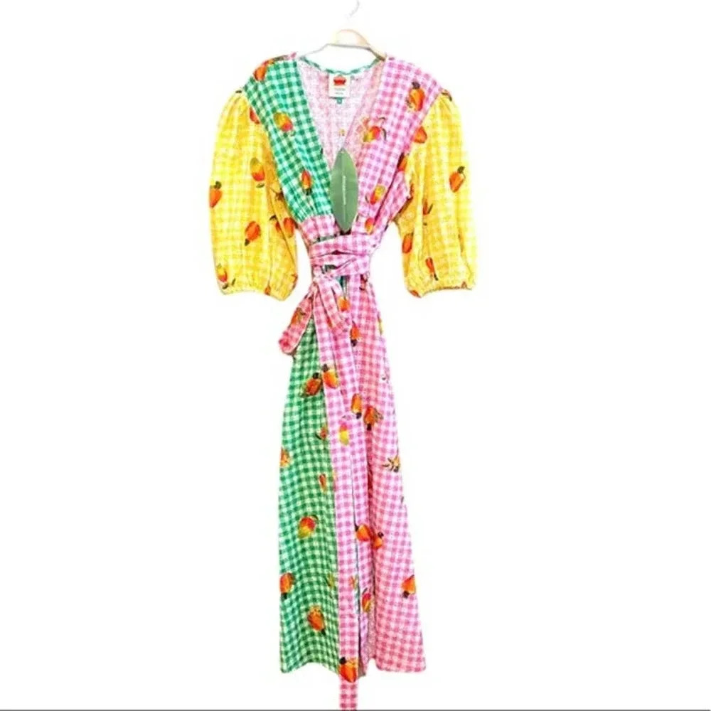 FARM Rio Green Pink Yellow Gingham Maxi Dress with Fruit Print - Picture 7 of 12